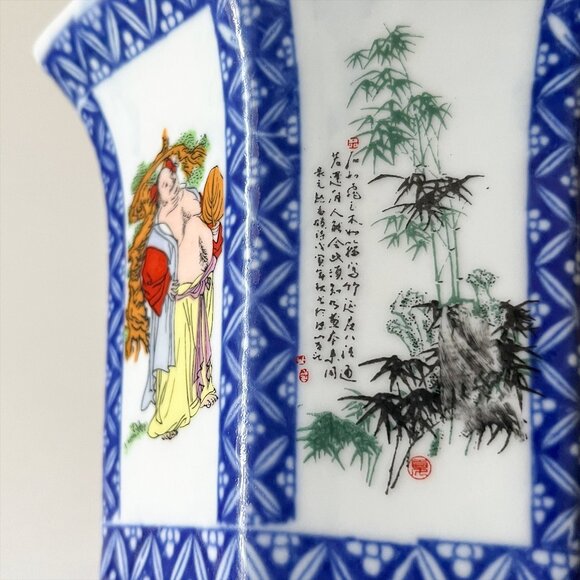 Vintage Chinese Immortals Flowers Poems Octagon Flowerpot w/ Saucer Blue & White - Picture 12 of 15